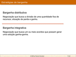 Estratégias de barganha



 Barganha distributiva
 Negociação que busca a divisão de uma quantidade fixa de
 recursos; situação de perda e ganho.



 Barganha integrativa
 Negociação que busca um ou mais acordos que possam gerar
 uma solução ganha-ganha.




                            © 2006 by Pearson Education     14–22
 