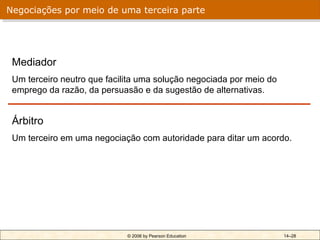 Negociações por meio de uma terceira parte




 Mediador
 Um terceiro neutro que facilita uma solução negociada por meio do
 emprego da razão, da persuasão e da sugestão de alternativas.


 Árbitro
 Um terceiro em uma negociação com autoridade para ditar um acordo.




                             © 2006 by Pearson Education             14–28
 