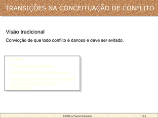 TRANSIÇÕES NA CONCEITUAÇÃO DE CONFLITO


Visão tradicional
Convicção de que todo conflito é danoso e deve ser evitado.



Causas:
• Falhas de comunicação.
• Falta de abertura e de confiança.
• Fracasso dos executivos em atender
  às necessidades de seus
  funcionários.




                               © 2006 by Pearson Education    14–4
 