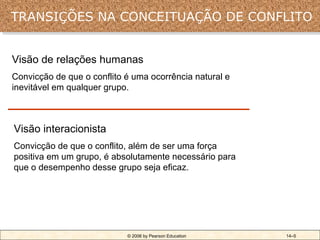 TRANSIÇÕES NA CONCEITUAÇÃO DE CONFLITO


Visão de relações humanas
Convicção de que o conflito é uma ocorrência natural e
inevitável em qualquer grupo.



Visão interacionista
Convicção de que o conflito, além de ser uma força
positiva em um grupo, é absolutamente necessário para
que o desempenho desse grupo seja eficaz.




                            © 2006 by Pearson Education   14–5
 