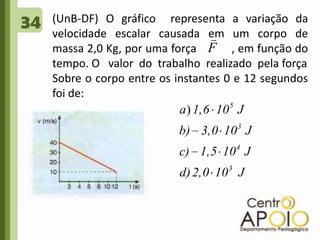 34(UnB-DF) O gráfico  representa a variação da velocidade escalar causada em um corpo de massa 2,0 Kg, por uma força           , em função do tempo. O   valor  do  trabalho  realizado  pela força        Sobre o corpo entre os instantes 0 e 12 segundos foi de:  