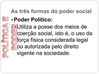 As três formas do poder social
Poder Político:
Utiliza a posse dos meios de
coerção social, isto é, o uso da
força física considerada legal
ou autorizada pelo direito
vigente na sociedade.
 