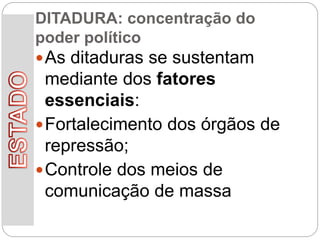 DITADURA: concentração do
poder político
As ditaduras se sustentam
mediante dos fatores
essenciais:
Fortalecimento dos órgãos de
repressão;
Controle dos meios de
comunicação de massa
 