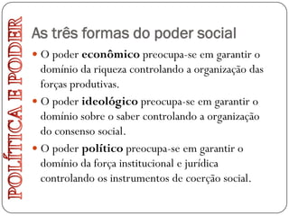 As três formas do poder social
 O poder econômico preocupa-se em garantir o
  domínio da riqueza controlando a organização das
  forças produtivas.
 O poder ideológico preocupa-se em garantir o
  domínio sobre o saber controlando a organização
  do consenso social.
 O poder político preocupa-se em garantir o
  domínio da força institucional e jurídica
  controlando os instrumentos de coerção social.
 