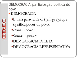 DEMOCRACIA: participação política do
povo
 DEMOCRACIA
 É uma palavra de origem grega que
  significa poder do povo.
 Demo = povo
 Cracia = poder
 DEMOCRACIA DIRETA
 DEMOCRACIA REPRESENTATIVA
 