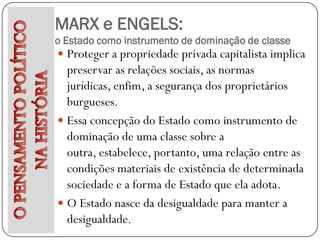 MARX e ENGELS:
o Estado como instrumento de dominação de classe
 Proteger a propriedade privada capitalista implica
  preservar as relações sociais, as normas
  jurídicas, enfim, a segurança dos proprietários
  burgueses.
 Essa concepção do Estado como instrumento de
  dominação de uma classe sobre a
  outra, estabelece, portanto, uma relação entre as
  condições materiais de existência de determinada
  sociedade e a forma de Estado que ela adota.
 O Estado nasce da desigualdade para manter a
  desigualdade.
 
