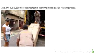 Apresentação elaborada pela Professora FERNANDA LOPES, disciplina de Geografia
Entre 2002 e 2010, 500 mil nordestinos fizeram o caminho inverso, ou seja, voltaram para casa.
 