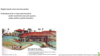 Apresentação elaborada pela Professora FERNANDA LOPES, disciplina de Geografia
Região taxada como área das perdas:
O Nordeste já foi o maior polo brasileiro
-poder econômico (cana-de-açúcar),
-poder político (capital Salvador),
 