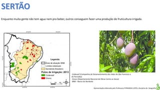 Apresentação elaborada pela Professora FERNANDA LOPES, disciplina de Geografia
Enquanto muita gente não tem agua nem pra beber, outros conseguem fazer uma produção de fruticultura irrigada.
-Codevasf (Companhia de Desenvolvimento dos Vales do São Francisco e
do Parnaíba).
-Dnocs (Departamento Nacional de Obras Contra as Secas)
-BNB – Banco do Nordeste
 