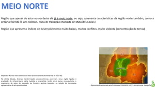 Apresentação elaborada pela Professora FERNANDA LOPES, disciplina de Geografia
Região que apesar de estar no nordeste ela já é meio norte, ou seja, apresenta características da região norte também, como a
própria floresta (é um ecótono, mata de transição chamada de Mata dos Cocais)
Região que apresenta índices de desenvolvimento muito baixas, muitos conflitos, muito violenta (concentração de terras)
Mapitoba áreas mais violentas do Brasil (entroncamento do MA e PI e do TO e BA)
Na última década, diversas transformações socioeconômicas ocorreram nessa região ligadas à
ampliação da infraestrutura viária, logística e energética, tendo entre outras consequências o
surgimento de polos de expansão da fronteira agrícola baseados na adoção de tecnologias
agropecuárias de alta produtividade
 