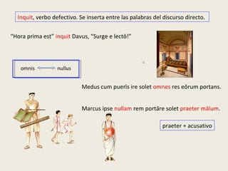 Inquit, verbo defectivo. Se inserta entre las palabras del discurso directo.
“Hora prima est” inquit Davus, “Surge e lectō!”
Medus cum puerīs ire solet omnes res eōrum portans.
praeter + acusativo
Marcus ipse nullam rem portāre solet praeter mālum.
omnis nullus
 