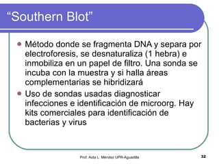 “ Southern Blot” Método donde se fragmenta DNA y separa por electroforesis, se desnaturaliza (1 hebra) e inmobiliza en un papel de filtro. Una sonda se incuba con la muestra y si halla áreas complementarias se hibridizará Uso de sondas usadas diagnosticar infecciones e identificación de microorg. Hay kits comerciales para identificación de bacterias y virus Prof. Aida L. Méndez UPR-Aguadilla 