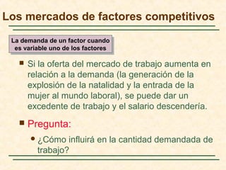  Si la oferta del mercado de trabajo aumenta en
relación a la demanda (la generación de la
explosión de la natalidad y la entrada de la
mujer al mundo laboral), se puede dar un
excedente de trabajo y el salario descendería.
 Pregunta:
¿Cómo influirá en la cantidad demandada de
trabajo?
Los mercados de factores competitivos
La demanda de un factor cuando
es variable uno de los factores
La demanda de un factor cuando
es variable uno de los factores
 