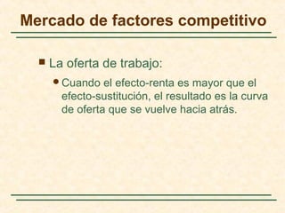  La oferta de trabajo:
Cuando el efecto-renta es mayor que el
efecto-sustitución, el resultado es la curva
de oferta que se vuelve hacia atrás.
Mercado de factores competitivo
 