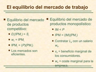 El equilibrio del mercado de trabajo
 Equilibrio del mercado
de productos
competitivo:
 DL(IPML) = SL
 wC = IPML
 IPML = (P)(PML)
 Los mercados son
eficientes.
 Equilibrio del mercado de
productos monopolístico:
 IM < P
 IPM = (IM)(PML)
 Contratar LM con un salario
wM.
 vM = beneficio marginal de
los consumidores.
 wM = coste marginal para la
empresa.
 