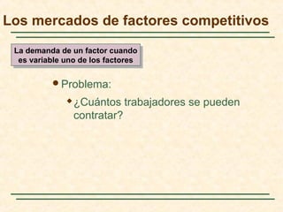 Problema:
 ¿Cuántos trabajadores se pueden
contratar?
Los mercados de factores competitivos
La demanda de un factor cuando
es variable uno de los factores
La demanda de un factor cuando
es variable uno de los factores
 