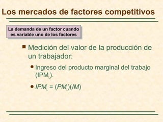  Medición del valor de la producción de
un trabajador:
Ingreso del producto marginal del trabajo
(IPML).
IPML = (PML)(IM)
Los mercados de factores competitivos
La demanda de un factor cuando
es variable uno de los factores
La demanda de un factor cuando
es variable uno de los factores
 