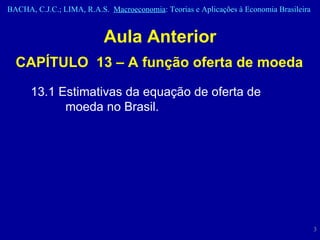 Aula Anterior CAPÍTULO  13 – A função oferta de moeda 13.1 Estimativas da equação de oferta de moeda no Brasil. 