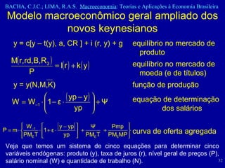 Modelo macroeconômico geral ampliado dos novos keynesianos y = c[y – t(y), a, CR ] + i (r, y) + g  equilíbrio no mercado de  produto equilíbrio no mercado de  moeda (e de títulos) y = y(N,M,K)  função de produção equação de determinação  dos salários curva de oferta agregada Veja que temos um sistema de cinco equações para determinar cinco variáveis endógenas: produto (y), taxa de juros (r), nível geral de preços (P), salário nominal (W) e quantidade de trabalho (N). 