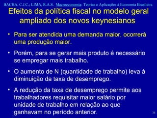 Efeitos da política fiscal no modelo geral ampliado dos novos keynesianos  Para ser atendida uma demanda maior, ocorrerá uma produção maior.  Porém, para se gerar mais produto é necessário se empregar mais trabalho.  O aumento de N (quantidade de trabalho) leva à diminuição da taxa de desemprego.  A redução da taxa de desemprego permite aos trabalhadores requisitar maior salário por unidade de trabalho em relação ao que ganhavam no período anterior.  