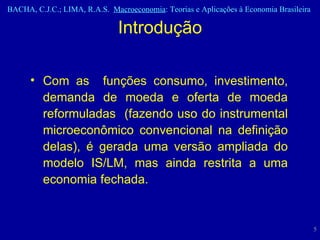Com as  funções consumo, investimento, demanda de moeda e oferta de moeda reformuladas  (fazendo uso do instrumental microeconômico convencional na definição delas), é gerada uma versão ampliada do modelo IS/LM, mas ainda restrita a uma economia fechada.  Introdução 