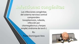 Las infecciones congénitas 
del sistema nervioso central 
comprenden: 
toxoplasmosis, rubeola, 
infección por 
citomegalovirus y herpes 
simple( síndrome de torch ) 
By: 
Paola Dominguez Vera 
 