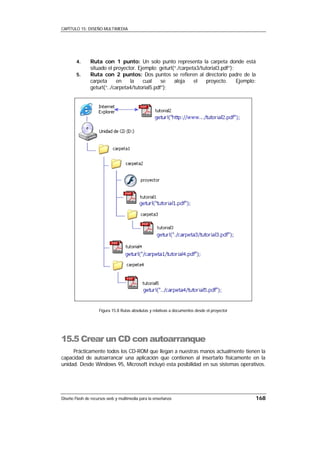CAPÍTULO 15: DISEÑO MULTIMEDIA




        4.     Ruta con 1 punto: Un solo punto representa la carpeta donde está
               situado el proyector. Ejemplo: geturl(“./carpeta3/tutorial3.pdf”);
        5.     Ruta con 2 puntos: Dos puntos se refieren al directorio padre de la
               carpeta     en    la    cual     se   aloja    el   proyecto.      Ejemplo:
               geturl(“../carpeta4/tutorial5.pdf”);




                    Figura 15.8 Rutas absolutas y relativas a documentos desde el proyector




15.5 Crear un CD con autoarranque
     Prácticamente todos los CD-ROM que llegan a nuestras manos actualmente tienen la
capacidad de autoarrancar una aplicación que contienen al insertarlo físicamente en la
unidad. Desde Windows 95, Microsoft incluyó esta posibilidad en sus sistemas operativos.




Diseño Flash de recursos web y multimedia para la enseñanza                                   168
 