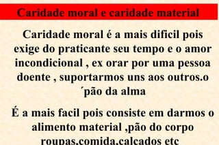 Caridade moral e caridade material
Caridade moral é a mais dificil pois
exige do praticante seu tempo e o amor
incondicional , ex orar por uma pessoa
doente , suportarmos uns aos outros.o
´pão da alma
É a mais facil pois consiste em darmos o
alimento material ,pão do corpo
roupas,comida,calçados etc
 