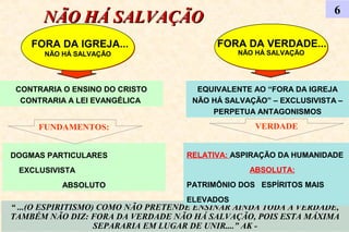 NÃO HÁ SALVAÇÃONÃO HÁ SALVAÇÃO 6
FORA DA IGREJA...
NÃO HÁ SALVAÇÃO
FORA DA IGREJA...
NÃO HÁ SALVAÇÃO
FORA DA VERDADE...
NÃO HÁ SALVAÇÃO
FORA DA VERDADE...
NÃO HÁ SALVAÇÃO
“ ...(O ESPIRITISMO) COMO NÃO PRETENDE ENSINAR AINDA TODA A VERDADE,
TAMBÉM NÃO DIZ: FORA DA VERDADE NÃO HÁ SALVAÇÃO, POIS ESTA MÁXIMA
SEPARARIA EM LUGAR DE UNIR....” AK -
CONTRARIA O ENSINO DO CRISTO
CONTRARIA A LEI EVANGÉLICA
EQUIVALENTE AO “FORA DA IGREJA
NÃO HÁ SALVAÇÃO” – EXCLUSIVISTA –
PERPETUA ANTAGONISMOS
DOGMAS PARTICULARES
EXCLUSIVISTA
ABSOLUTO
RELATIVA: ASPIRAÇÃO DA HUMANIDADE
ABSOLUTA:
PATRIMÔNIO DOS ESPÍRITOS MAIS
ELEVADOS
FUNDAMENTOS: VERDADE
 