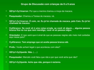 Grupo de Discussão com crianças de 8 a 9 anos GD1p1-Cç1/marron : Por que a menina chamou a moça de macaca. Pesquisador:  Chamou a Teresa de macaca, né. GD1p1-Cç1/marron :  É ruim, né. Eu já fui chamada de macaca, pelo Caio. Eu já fui chamada de macaca. Cç4/branco: Se você vê é uma coisa errada, se você vê algum..., alguma pessoa branca fica na rua que nem mendigo, você vê só pessoa negra. Orientador:  E isso será que é sinal de que as pessoas negras são mais mal cuidadas aqui nesse país? Cç4/branco: Tem emprego que só aceita pessoa branca até. Profa.:  Vocês acham legal o que aconteceu com elas? GD1p1-Cç3/pardo :  Não.  (.....) Pesquisador:  Marcelo você falou que não e por que você acha que não? GD1p1-Cç3/pardo :  Acho que não, porque é racismo. 