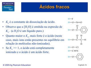 Capítulo 16
© 2005 by Pearson Education
• Ka é a constante de dissociação de ácido.
• Observe que a [H2O] é omitida na expresão de
Ka. (a H2O é um líquido puro.)
• Quanto maior o Ka, mais forte é o ácido (neste
caso, mais íons estão presentes no equilíbrio em
relação às moléculas não-ionizadas).
• Se Ka >> 1, o ácido está completamente
ionizado e o ácido é um ácido forte.
Ácidos fracos
Ácidos fracos
 