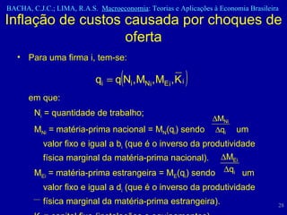 Inflação de custos causada por choques de oferta Para uma firma i, tem-se:  em que: N i  = quantidade de trabalho; M Ni  = matéria-prima nacional = M N (q i ) sendo  um valor fixo e igual a b i  (que é o inverso da produtividade física marginal da matéria-prima nacional).  M Ei  = matéria-prima estrangeira = M E (q i ) sendo  um valor fixo e igual a d i  (que é o inverso da produtividade física marginal da matéria-prima estrangeira).  K i  = capital fixo (instalações e equipamentos). 
