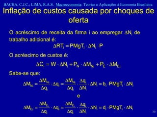 Inflação de custos causada por choques de oferta O acréscimo de receita da firma i ao empregar   N i  de trabalho adicional é: O acréscimo de custos é: Sabe-se que:  e 