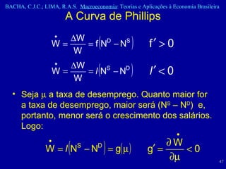 A Curva de Phillips Seja    a taxa de desemprego. Quanto maior for a taxa de desemprego, maior será (N S  – N D )  e, portanto, menor será o crescimento dos salários. Logo:  