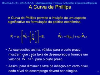A Curva de Phillips As expressões acima, válidas para o curto prazo, mostram que cada taxa de desemprego    fornece um valor de  para o curto prazo.  Assim, para diminuir a taxa de inflação em certo nível, dado nível de desemprego deverá ser atingido.  A Curva de Phillips permite a intuição de um aspecto significativo na formulação da política econômica.  