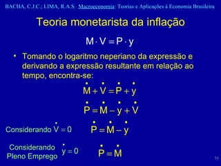 Considerando Teoria monetarista da inflação Tomando o logaritmo neperiano da expressão e derivando a expressão resultante em relação ao tempo, encontra-se: Considerando Pleno Emprego 