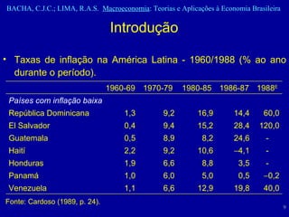 Introdução Taxas de inflação na América Latina - 1960/1988 (% ao ano durante o período).  Fonte: Cardoso (1989, p. 24).  40,0 19,8 12,9 6,6 1,1 Venezuela  0,2 0,5 5,0 6,0 1,0 Panamá - 3,5 8,8 6,6 1,9 Honduras -  4,1 10,6 9,2 2,2 Haití - 24,6 8,2 8,9 0,5 Guatemala 120,0 28,4 15,2 9,4 0,4 El Salvador 60,0 14,4 16,9 9,2 1,3 República Dominicana Países com inflação baixa 1988 E 1986-87 1980-85 1970-79 1960-69 