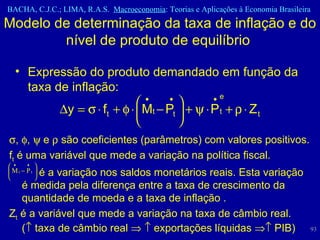 Modelo de determinação da taxa de inflação e do nível de produto de equilíbrio  Expressão do produto demandado em função da taxa de inflação:   ,   ,    e    são coeficientes (parâmetros) com valores positivos. f t  é uma variável que mede a variação na política fiscal. é a variação nos saldos monetários reais. Esta variação é medida pela diferença entre a taxa de crescimento da quantidade de moeda e a taxa de inflação . Z t  é a variável que mede a variação na taxa de câmbio real.  (   taxa de câmbio real       exportações líquidas    PIB) 