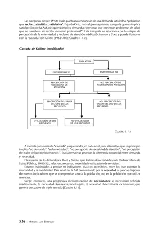 356 | HORACIO LUIS BARRAGÁN
Las categorías de Kerr White están planteadas en función de una demanda satisfecha: “población
que recibe... admitida... satisfecha”. Fajardo Ortiz, introdujo una primera categoría que no implica
satisfacción por la AM, ni siquiera implica demanda: “personas que presentan problemas de salud
que se resuelven sin recibir atención profesional”. Esta categoría se relaciona con las etapas de
percepción de la enfermedad y reclamo de atención médica (Schuman y Coe), y puede ilustrarse
con la “cascada” de Kalimo (1982:280) [Cuadro 1.1.e].
Cascada de Kalimo (modificado)
A medida que avanza la “cascada” va quedando, en cada nivel, una alternativa que en principio
implica “no demanda”: “enfermedad no”, “no percepción de necesidad de atención”, “no percepción
del valor del uso de los recursos”. Esas alternativas prueban la diferencia sustancial entre demanda
y necesidad.
El esquema de los finlandeses Harö y Purola, que Kalimo desarrolló después (Subsecretaría de
Salud Pública, 1980:53), relaciona recursos, necesidad y utilización de servicios.
Estamos habituados a pensar en indicadores clásicos accesibles, entre los que cuentan la
mortalidad y la morbilidad. Para analizar la AM comenzando por la necesidad es preciso disponer
de nuevos indicadores que se comprendan a toda la población, no en la población que utiliza
servicios.
Surge, entonces, una progresiva dicotomización de necesidades: a) necesidad definida
médicamente, b) necesidad observada por el sujeto, c) necesidad determinada socialmente; que
genera un cuadro de triple entrada [Cuadro 1.1.f].
NO UTILIZACIÓN
DE LOS RECURSOS
NO PERCEPCIÓN DEL
VALOR DEL USO DE LOS
RECURSOS
POBLACIÓN
ENFERMEDAD NOENFERMEDAD SI
PERCEPCIÓN DE
NECESIDAD DE
ATENCIÓN
NO PERCEPCIÓN DE
NECESIDAD DE ATENCIÓN
UTILIZACIÓN DE LOS
RECURSOS
PERCEPCIÓN DEL VALOR
DEL USO DE LOS
RECURSOS
Cuadro 1.1.e
 