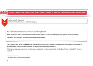 The first action is to record the Event in the internal reporting/occurrence system or quality system documented and operated in
accordance with the procedure approved in the appropriate organisation exposition.
If the internal reporting system is in its infancy you could opt to produce a basic table like the Event Record Table (ERT 1) shown
overleaf.7
See Handouts Section of guidance material for templates
7
9
The example described is based on an event recorded by the CAA:
Whilst carrying out a Part 21 G audit, the auditor (a CAA Surveyor) noticed a Go-NoGo gauge being used by an operative was out of calibration.
The resulting non-conformance was raised against the appropriate regulation.
STAGE 1: Record the event in your MEMS, Quality System or SMS and if appropriate report it to the NAA
1
 