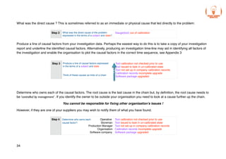 What was the direct cause ? This is sometimes referred to as an immediate or physical cause that led directly to the problem:
Produce a line of causal factors from your investigation data. Perhaps the easiest way to do this is to take a copy of your investigation
report and underline the identified causal factors. Alternatively, producing an investigation time-line may aid in identifying all factors of
the investigation and enable the organisation to plot the causal factors in the correct time sequence, see Appendix 3
Determine who owns each of the causal factors. The root cause is the last cause in the chain but, by definition, the root cause needs to
be ‘controlled by management’ . If you identify the owner to be outside your organisation you need to look at a cause further up the chain.
You cannot be responsible for fixing other organisation’s issues !
However, if they are one of your suppliers you may wish to notify them of what you have found.
34
Step 4 Determine who owns each Operative
causal factor? Storeman
Production Manager
Organisation
Software company
Tool calibration not checked prior to use
Tool issued to task in un-calibrated state
Tool not set up in company calibration records
Calibration records incomplete upgrade
Software package upgraded
Step 2 What was the direct cause of the problem
expressed in the terms of a subject and state?
Gauge(tool) out of calibration
Step 3 Produce a line of causal factors expressed
in the terms of a subject and state
Think of these causes as links of a chain
Tool calibration not checked prior to use
Tool issued to task in un-calibrated state
Tool not set up in company calibration records
Calibration records incomplete upgrade
Software package upgraded
T
I
M
E
 