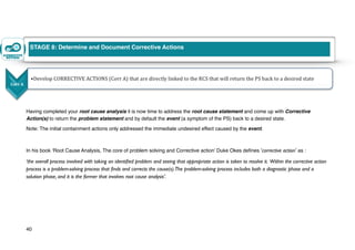 Having completed your root cause analysis it is now time to address the root cause statement and come up with Corrective
Action(s) to return the problem statement and by default the event (a symptom of the PS) back to a desired state.
Note: The initial containment actions only addressed the immediate undesired effect caused by the event.
In his book ‘Root Cause Analysis, The core of problem solving and Corrective action’ Duke Okes defines ‘corrective action’ as :
‘the overall process involved with taking an identified problem and seeing that appropriate action is taken to resolve it. Within the corrective action
process is a problem-solving process that finds and corrects the cause(s).The problem-solving process includes both a diagnostic phase and a
solution phase, and it is the former that involves root cause analysis’.
40
STAGE 8: Determine and Document Corrective Actions
8
 