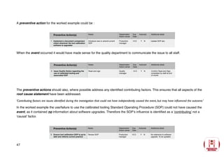 A preventive action for the worked example could be :
When the event occurred it would have made sense for the quality department to communicate the issue to all staff.
The preventive actions should also, where possible address any identified contributing factors. This ensures that all aspects of the
root cause statement have been addressed.
‘Contributing factors are issues identified during the investigation that could not have independently caused the event, but may have influenced the outcome.’
In the worked example the use/failure to use the calibrated tooling Standard Operating Procedure (SOP) could not have caused the
event, as it contained no information about software upgrades. Therefore the SOP’s influence is identified as a ‘contributing’ not a
‘causal’ factor.
47
Preventive Action(s) Notes: Stakeholder/
Action owner
Due
Date
Actioned Additional detail
1 Implement a document comparison
check whenever the tool calibration
software is upgraded.
Introduce new or amend current
SOP
Production
manager
10 D Y N Update SOP abc
Preventive Action(s) Notes: Stakeholder/
Action owner
Due
Date
Actioned Additional detail
3 Ensure tool calibration SOP is up-to-
date and reflects current practice
Review SOP Production
manager
10 D Y N No reference to software
upgrade. To be updated.
Preventive Action(s) Notes: Stakeholder/
Action owner
Due
Date
Actioned Additional detail
2 Issue Quality Notice regarding the
use of calibrated tooling and
associated SOP
Read and sign Quality
manager
10 D Y N Confirm Read and Sign
completed by staff at end
of month.
 