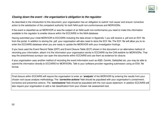 Closing down the event - the organisation’s obligation to the regulator
As described in the introduction to this document, your organisation has an obligation to submit ‘root cause’ and ensure ‘corrective
action to the satisfaction of the competent authority’ for both NAA audit non-conformances and MOR/VORs.
If the event is classified as an MOR/VOR or was the subject of an NAA audit non-conformance you need to make this information
available to the regulator to enable closure within the ECCAIRS or the NAA database.
Having submitted your initial MOR/VOR to ECCAIRS including the data shown in Appendix 1 you will receive a .pdf and an E5Y. file
from the portal. In addition to storing the .pdf, your organisation will also need to store the E5Y. file. The E5Y. file will allow you to re-
enter the ECCAIRS database when you are ready to update the MOR/VOR with your investigation findings.
If you have used the Event Record Table (ERT) and Event Closure Table (ECT) shown in this document or an alternative method of
recording your information, attach it to the information your organisation sends to ECCAIRS via the CAA weblink for MOR/VORs. That
way the airworthiness surveyor can open the documents within ECCAIRS and use them as evidence for closure.
If your organisation uses another method of recording the event information such as AQD, Centrik, SafetyNet etc, you may be able to
submit the information directly to ECCAIRS for MOR/VORs. Talk to your software provider regarding submission using an E5X. file
format.
Final closure within ECCAIRS will require the organisation to enter an ‘analysis’ of the MOR/VOR by entering the results from your
chosen root cause analysis methodology. The ‘corrective actions’ field should be populated with your organisation’s containment,
corrective and preventive actions. The ‘conclusions’ field should be populated with the root cause statement. In addition ECCAIRS will
also require your organisation to add a risk classification from your chosen risk assessment tool.
52
 
