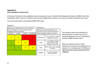 Appendix 2
RISK ASSESSMENT CLASSIFICATION
In the body of the text the risk classification section discussed the use of the Airline Risk Management Solutions (ARMS), Event Risk
Classification (ERC) matrix as a method of risk scoring the event. Other matrices can be used, see ICAO for alternative 5x5 matrix.
The matrix shown below is the standard ARMS, ERC matrix.
The questions shown were developed for
airline operations, however they can and
should be adjusted to suit your organisations
business. ARMS standard matrix :
Before we adjust the matrix to better
represent our example a few explanations are
required. For a full explanation of ARMS go to
https://essi.easa.europa.eu/essi/documents/
ARMS.pdf
57
Question1
Question 2
 