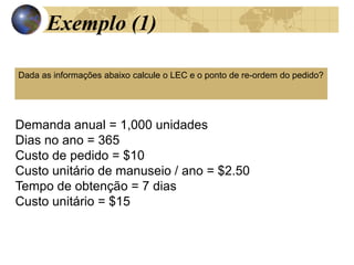 Exemplo (1)
Demanda anual = 1,000 unidades
Dias no ano = 365
Custo de pedido = $10
Custo unitário de manuseio / ano = $2.50
Tempo de obtenção = 7 dias
Custo unitário = $15
Dada as informações abaixo calcule o LEC e o ponto de re-ordem do pedido?
 