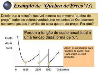 Exemplo de “Quebra de Preço”(3)
Desde que a solução factível ocorreu na primeira “quebra de
preço”, todos os valores verdadeiros restantes de Qot ocorrem
nos começos dos intervlos de cada quebra de preço. Por que?
0 1826 2500 4000 Qtd pedida
Custo
Anual
Total Assim os candidatos para
“quebra de preço” são
1826, 2500, e 4000
unidades
Porque a função de custo anual total é
uma função dada forma de "u".
 