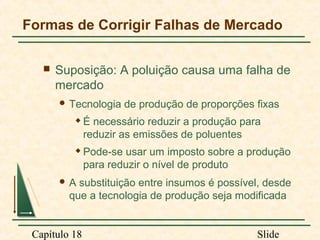 Formas de Corrigir Falhas de Mercado


Suposição: A poluição causa uma falha de
mercado
 Tecnologia

de produção de proporções fixas



É necessário reduzir a produção para
reduzir as emissões de poluentes



Pode-se usar um imposto sobre a produção
para reduzir o nível de produto

A

substituição entre insumos é possível, desde
que a tecnologia de produção seja modificada

Capítulo 18

Slide

 