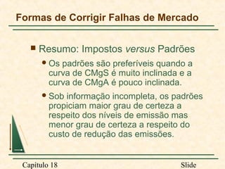 Formas de Corrigir Falhas de Mercado


Resumo: Impostos versus Padrões
 Os

padrões são preferíveis quando a
curva de CMgS é muito inclinada e a
curva de CMgA é pouco inclinada.

 Sob

informação incompleta, os padrões
propiciam maior grau de certeza a
respeito dos níveis de emissão mas
menor grau de certeza a respeito do
custo de redução das emissões.

Capítulo 18

Slide

 