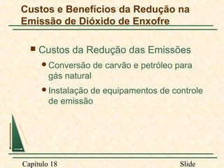 Custos e Benefícios da Redução na
Emissão de Dióxido de Enxofre


Custos da Redução das Emissões
Conversão

de carvão e petróleo para

gás natural
Instalação

de equipamentos de controle
de emissão

Capítulo 18

Slide

 
